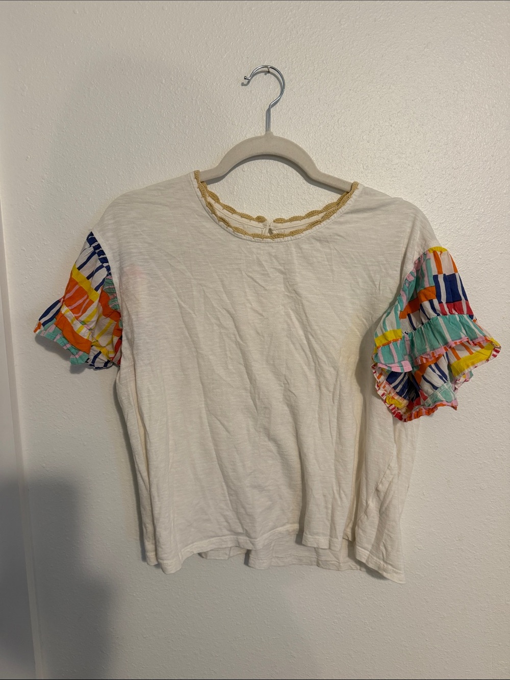 THML White Short Sleeve Top with Multicolor Ruffle Sleeves